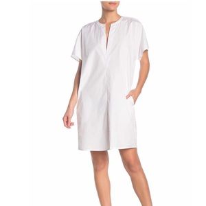 NWT Vince Split V Neck Short Sleeve Cotton Boxy Shift Dress Knee Length White S